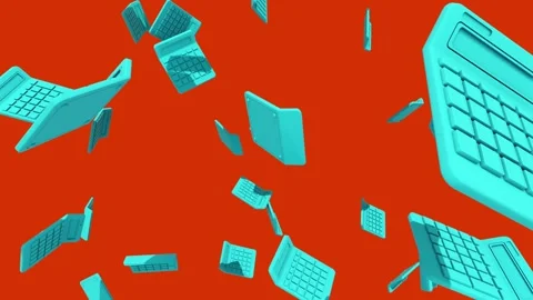 3D Teal Cyan Calculators Falling and Floating on Bright Red Orange Background Видео 334576189