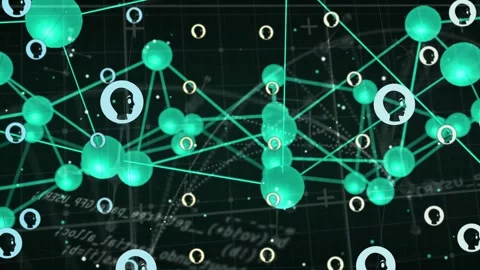 3D teal node mesh rotating as camera panning, avatar rings drifting, marking Stock Footage 334338050