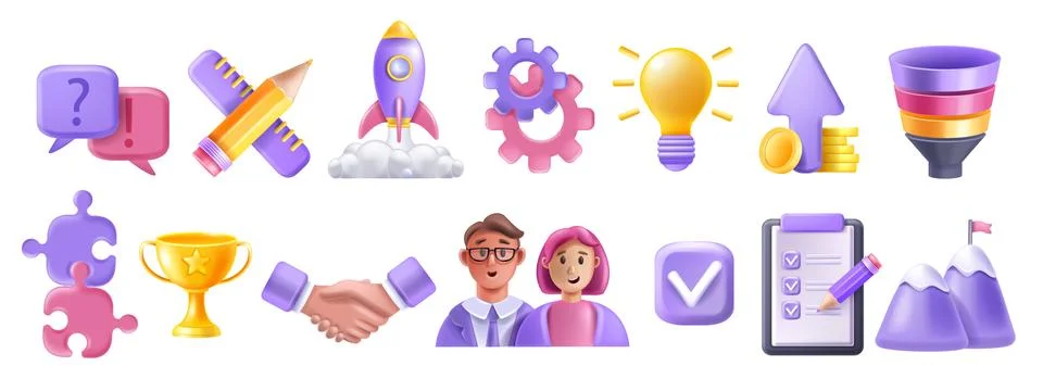 3D teamwork partner icon set, vector puzzle, person avatar, handshake Stock Illustration