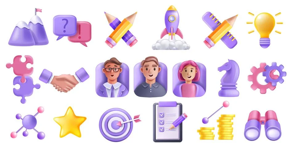 3D teamwork partner vector icon set, handshake, puzzle, person avatar Stock Illustration