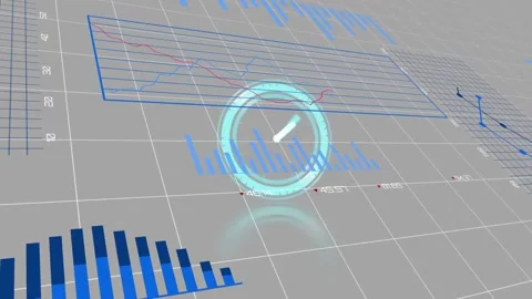 3D tech dashboard rotating on grid, tilting camera activating clock, bars, pies, Stock Footage 331214507