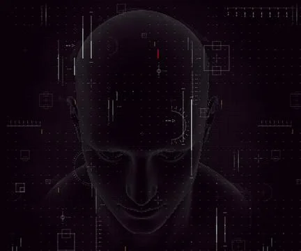 3D techno background with male figure and coding design イラスト素材