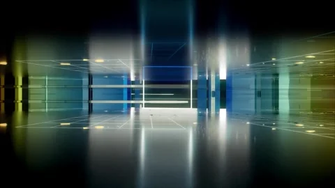 3D technological futuristic corridor with blocks and data elements Stock Footage 338097501