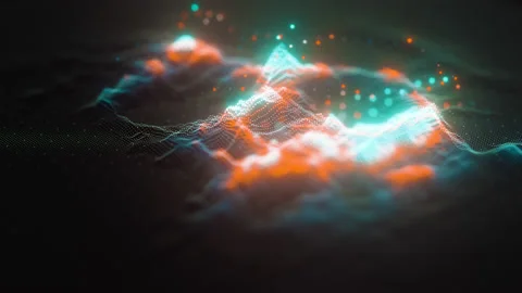 3d technological hologram, Abstract waving surface from many glowing particles Stock Footage 145608057