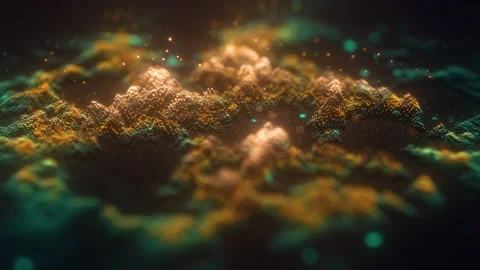 3d technological hologram, Abstract waving surface from many glowing particles Stock Footage 145608377