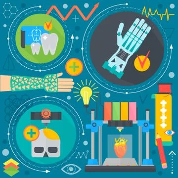 3d technology, 3d printing and 3d scanning flat concept infographics design web Stock Illustration