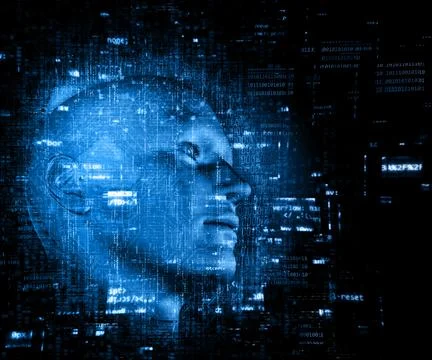 3D technology background with code over male head 스톡 일러스트
