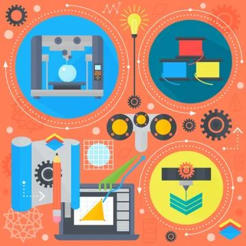 3d technology flat concept 3d printing and 3d scanning flat icons infographics 스톡 일러스트