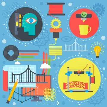 3d technology flat concept construction building 3d printing and 3d scanning Ilustración de archivo