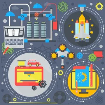 3d technology flat concept galaxy 3d printing and 3d scanning flat icons Stock Illustration