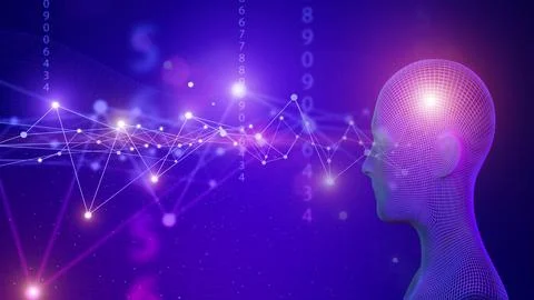 3d technology head with neon abstract digital network. background. Ai, human Stock Illustration