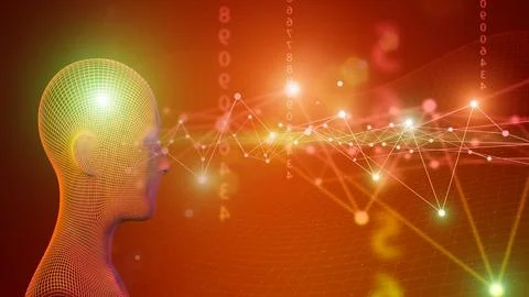 3d technology head with neon abstract digital network. background. Ai, human Stock-Illustration