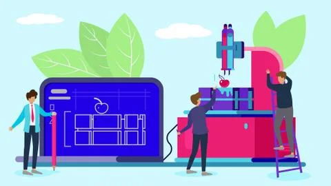 3d technology three dimensional printer and working people vector illustration. Stock Illustration