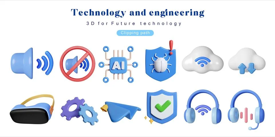 3D Technology Trend Icon Set Micro Chip Robot Arm Smartphone AI Brain Web Human Stock Illustration