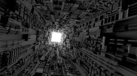 3d technology tunnel abstract background. Black digital futuristic place with Illustrazione stock