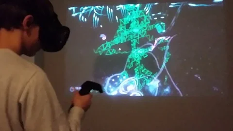 3d technology, virtual reality, entertainment, cyberspace and people concept. Stock Footage 70465349