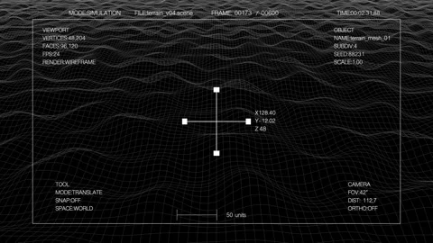 3D Terrain Simulation Viewport HUD and Wireframe Mesh Software Interface Stock Footage 342724214