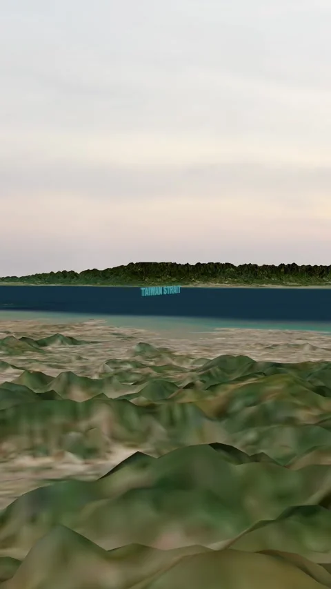 3D Terrain Visualization of the Taiwan Strait at Sunset Vertical Stock Footage 335027748