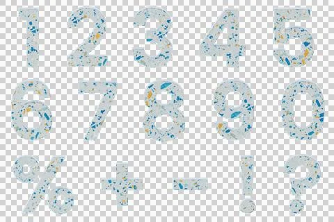 3d terrazzo texture numbers font from 0 to 9, percent sign, question mark Stock Photos