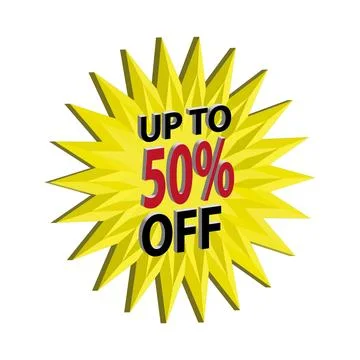 3D text "UP TO 50% OFF" in bold letters. The "50%" is prominent in red, while th Stock Illustration