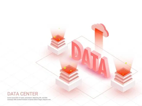 3D text Data on grid background four servers connected with each other resp.. Stock Illustration
