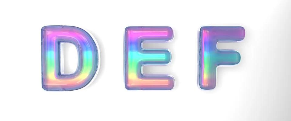 3D text of the letter d, e, f in the style of soap bubbles with a rainbow tint Illustrazione stock
