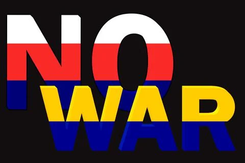 3D text NO WAR toned in the colors of the flag of Ukraine and Russia on a bla Stock Photos