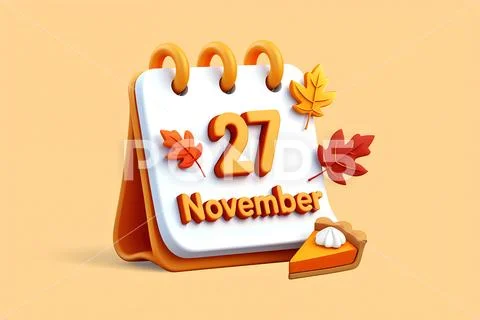 3d thanksgiving calendar with pumpkin pie slice and falling autumn leaves PSD Template