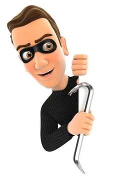 3d thief behind left wall and holding crowbar Stock Illustration