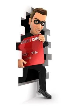 3d thief coming out through a wall with credit card Stock Illustration