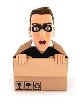 3d thief hiding inside a cardboard box Stock Illustration