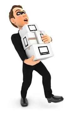 3d thief holding stack of cardboard boxes Illustrazione stock