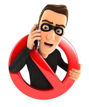 3d thief on phone surrounded by a forbidden sign Stock Illustration