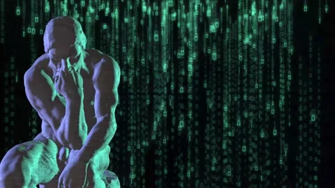 3D The Thinker Rotating Statue On Binary Code Matrix Background Animation. 4K Stock Footage 194805364