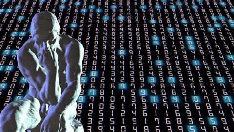 3D The Thinker Rotating Statue On Hexadecimal Digital Code Background. 4K Video stock 194805906