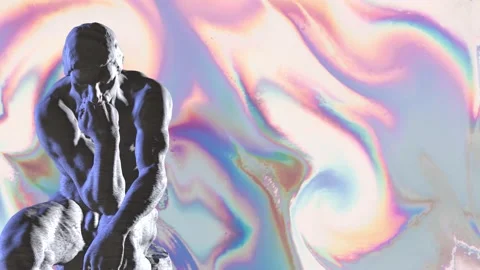 3D The Thinker Rotating Statue on Liquid Holographic Background Animation. 4K Stock Footage 194805350