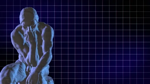 3D The Thinker Rotating Statue. Philosopher Sculpture on Futuristic Background. Video stock 194805763