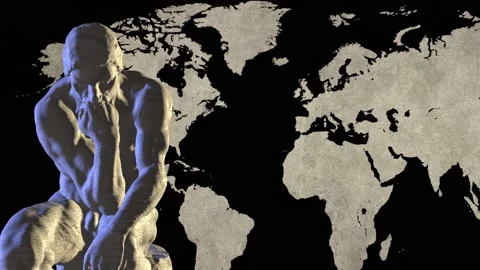 3D The Thinker Rotating Statue on World Map Background. NFT Cryptoart. 4K Stock Footage 194805609