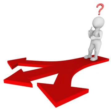3d thinking man on red arrow. Choice concept. 3d illustration. Stock Illustration