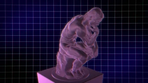 3D Thinking Man Rotating Statue.  Sculpture on Futuristic Grid Background. Stock Footage 172164816