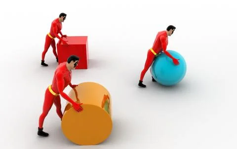 3d three superheros pushing and rolling cube, sphere and cylinder concept Stock Illustration