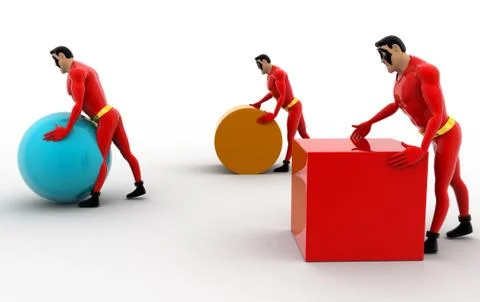 3d three superheros pushing and rolling cube, sphere and cylinder concept Illustrazione stock
