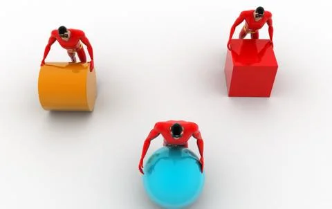 3d three superheros pushing and rolling cube, sphere and cylinder concept Illustrazione stock