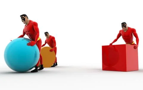 3d three superheros pushing and rolling cube, sphere and cylinder concept Stock Illustration
