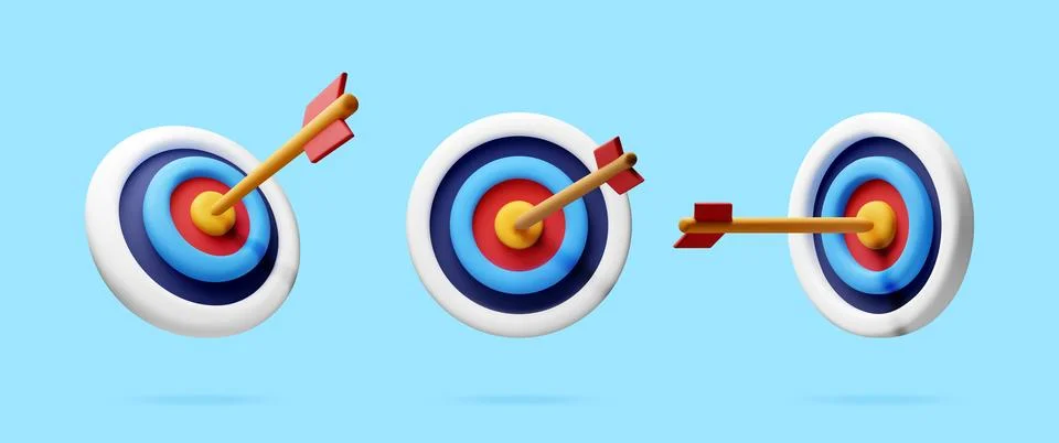 3D Three targets with arrows hitting bullseye Illustrazione stock