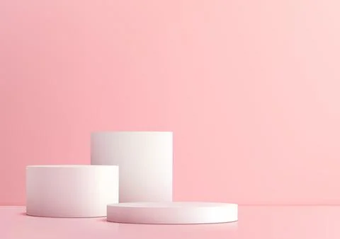 3D three white cylindrical podium pedestals stand on a soft pink background Stock Illustration
