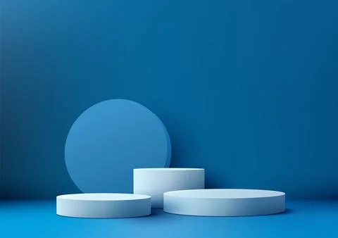 3D three white podium mockup. A blue circles backdrop and geometric  elemen.. Stock Illustration