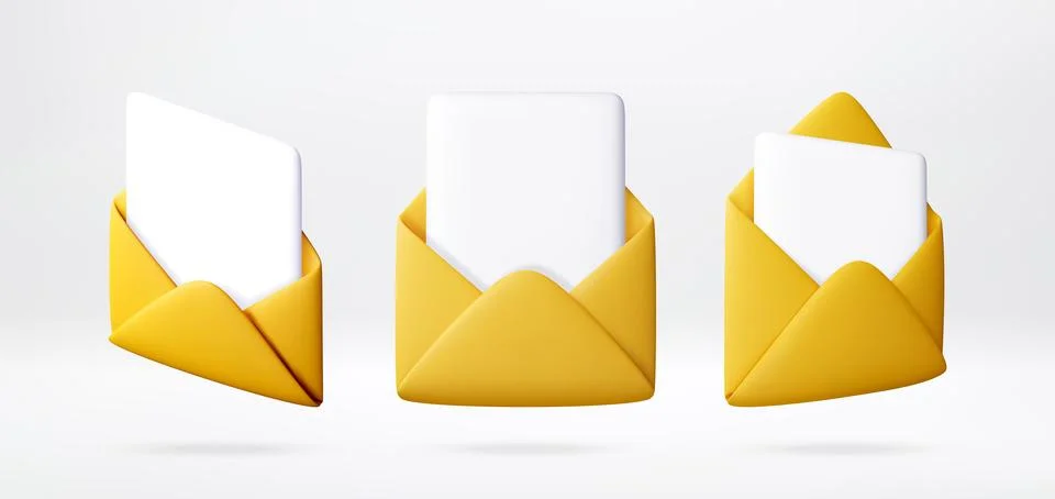3D Three yellow envelopes with white paper sheets Stock Illustration
