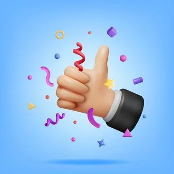 3D Thumbs Up Hand Gesture and Confetti Stock Illustration