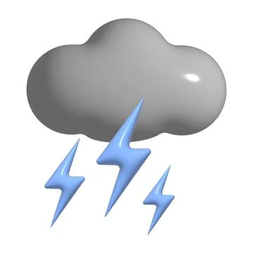 3D thunderstorm with blue lightning, grey cloud icon. 3d storm weather element Stock Illustration